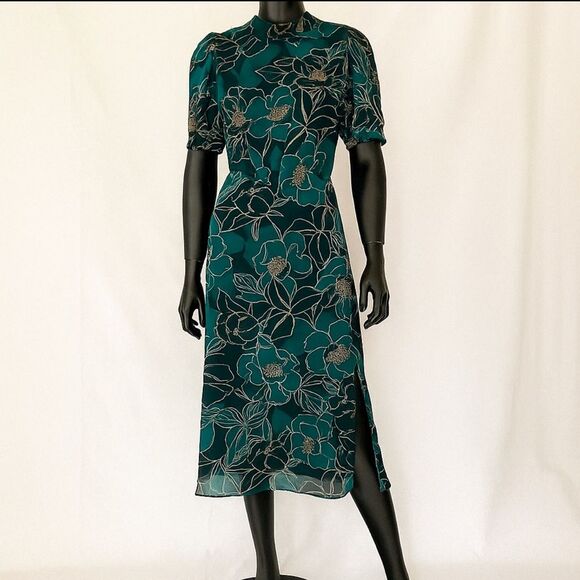 Julia Jordan Dress 16 Teal Floral Midi Puff Sleeve Slit Hem Nordstrom $1… - Picture 2 of 10